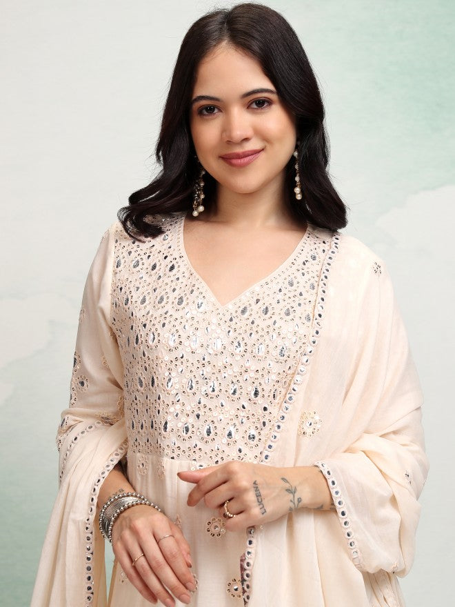 Vishudh Women Cream Embroidered Kurta With Trouser And Dupatta - Cream - Image 1