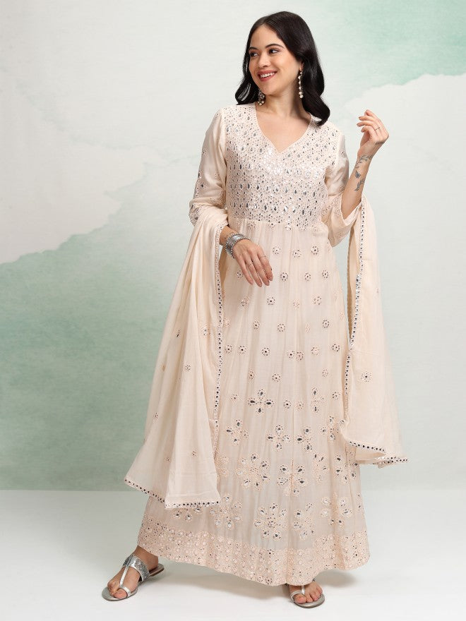 Vishudh Women Cream Embroidered Kurta With Trouser And Dupatta - Cream - Image 2