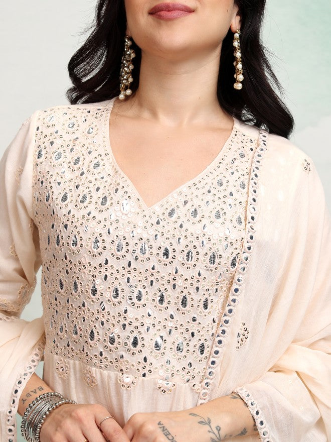 Vishudh Women Cream Embroidered Kurta With Trouser And Dupatta - Cream - Image 5