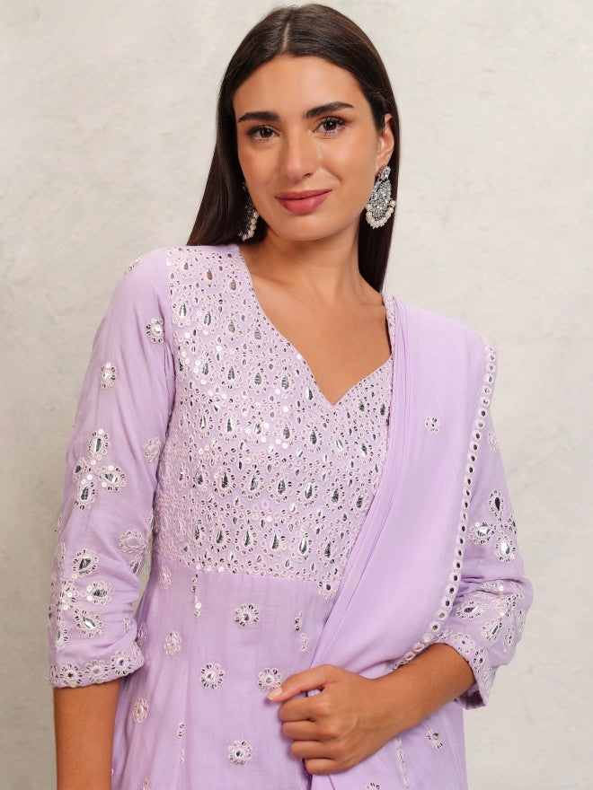 Vishudh Women Lavender Embroidered Kurta With Trouser And Dupatta - Lavender - Image 1