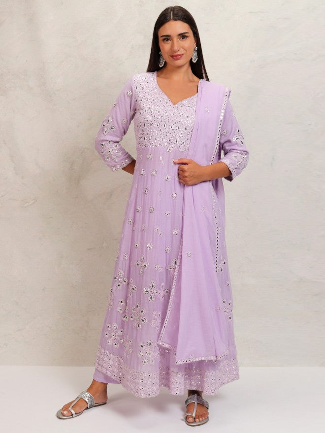 Vishudh Women Lavender Embroidered Kurta With Trouser And Dupatta - Lavender - Image 2