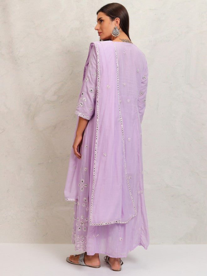 Vishudh Women Lavender Embroidered Kurta With Trouser And Dupatta - Lavender - Image 3