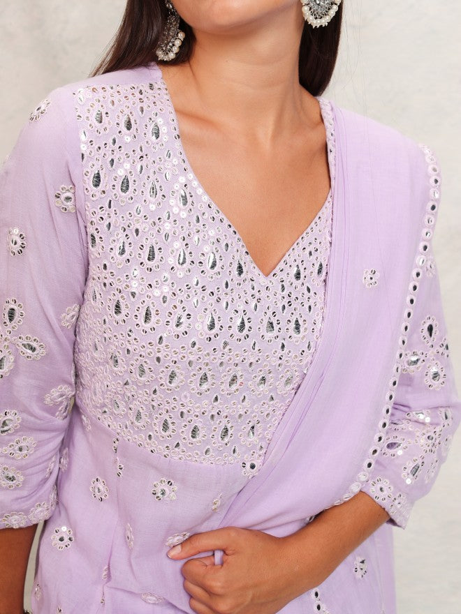 Vishudh Women Lavender Embroidered Kurta With Trouser And Dupatta - Lavender - Image 5