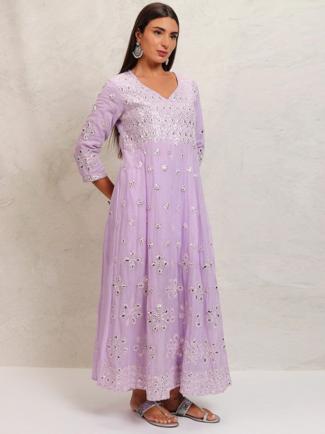 Vishudh Women Lavender Embroidered Kurta With Trouser And Dupatta - Lavender - Image 6