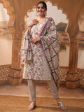 Vishudh Women Cream Printed Kurta With Trouser And Dupatta - Cream - Image 1