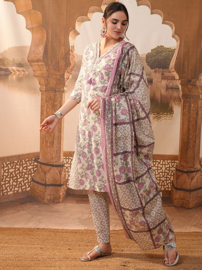Vishudh Women Cream Printed Kurta With Trouser And Dupatta - Cream - Image 2