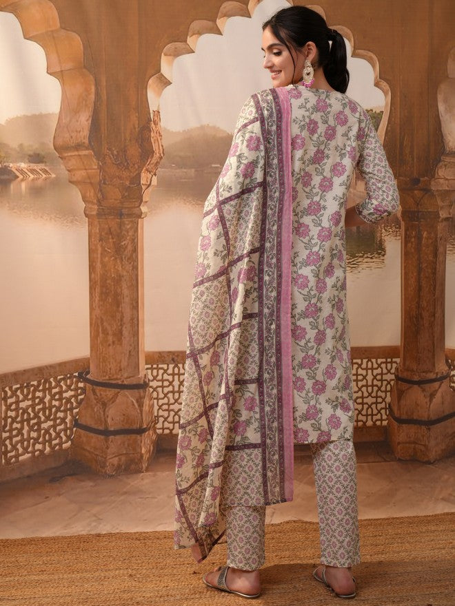 Vishudh Women Cream Printed Kurta With Trouser And Dupatta - Cream - Image 3