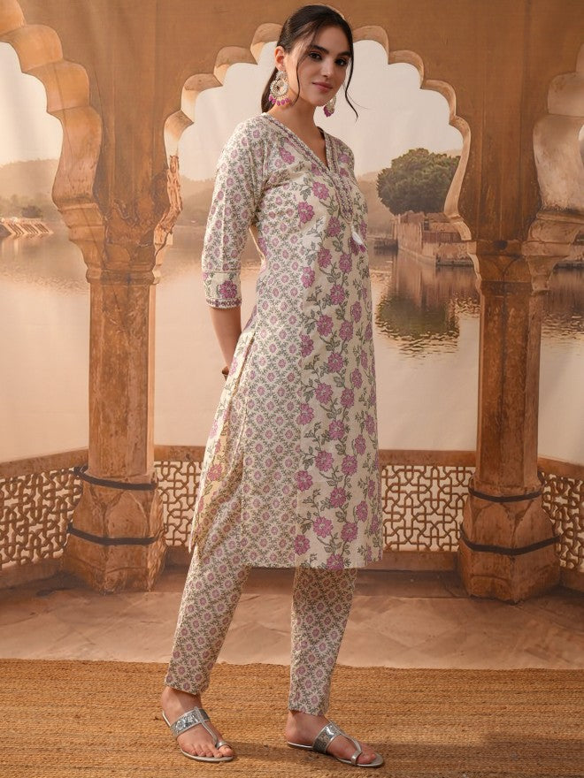 Vishudh Women Cream Printed Kurta With Trouser And Dupatta - Cream - Image 4