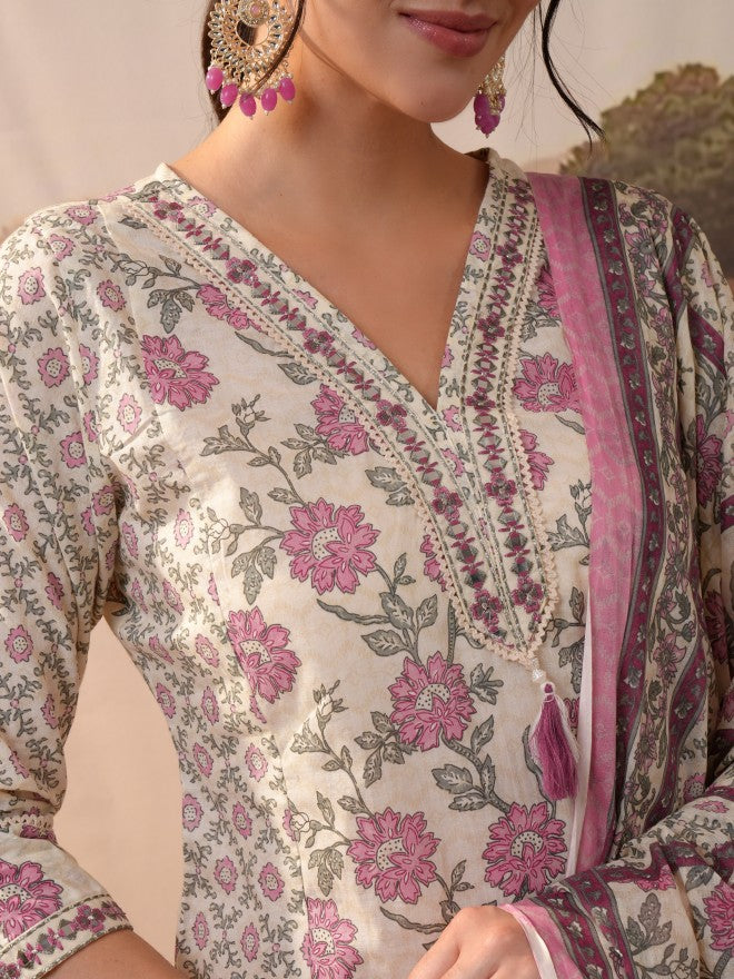 Vishudh Women Cream Printed Kurta With Trouser And Dupatta - Cream - Image 5