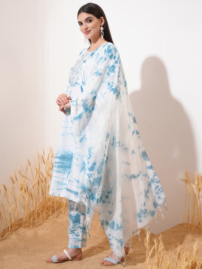 Vishudh Women Blue Embroidered Kurta With Trouser And Dupatta - Blue - Image 2