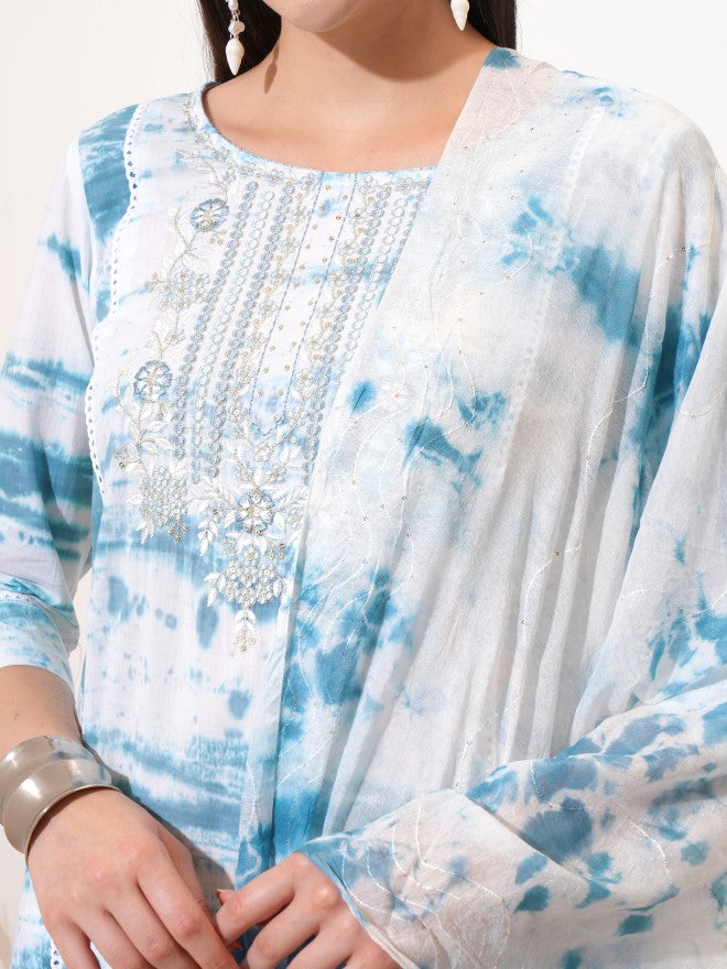 Vishudh Women Blue Embroidered Kurta With Trouser And Dupatta - Blue - Image 5