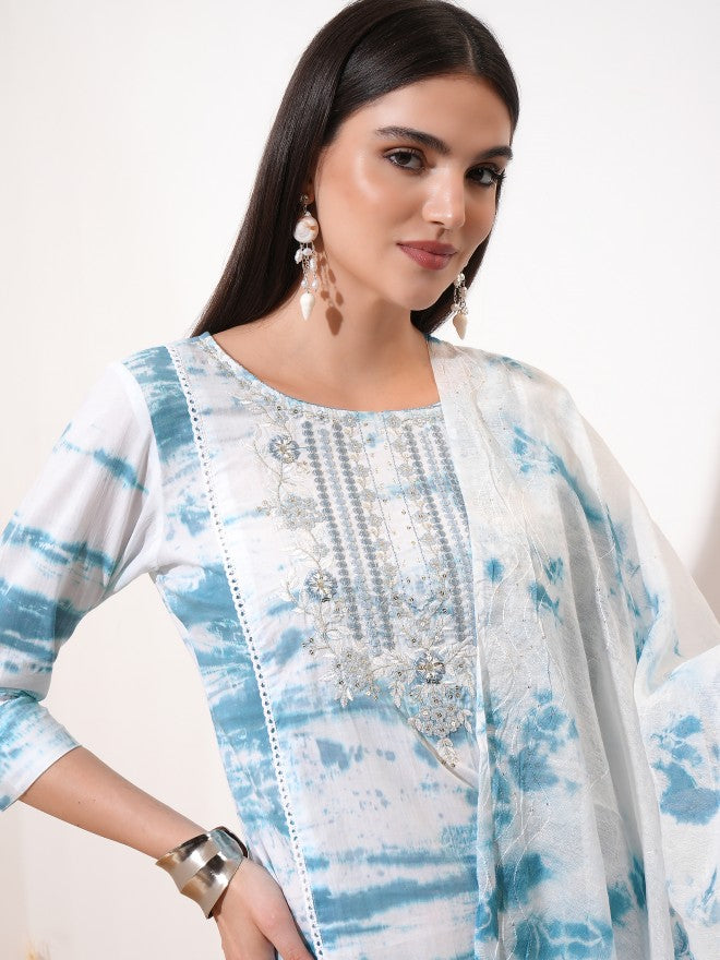 Vishudh Women Blue Embroidered Kurta With Trouser And Dupatta - Blue - Image 8