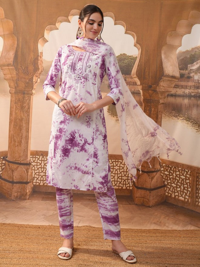 Vishudh Women Purple Embroidered Kurta With Trouser And Dupatta - Purple - Image 1