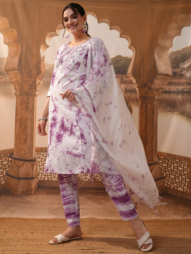 Vishudh Women Purple Embroidered Kurta With Trouser And Dupatta - Purple - Image 2