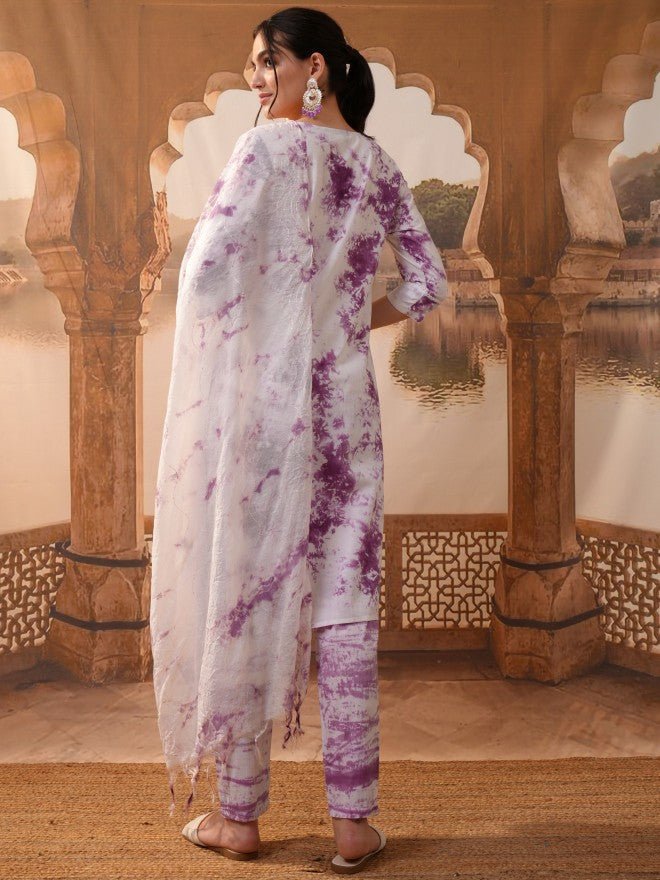 Vishudh Women Purple Embroidered Kurta With Trouser And Dupatta - Purple - Image 3