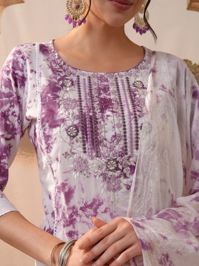 Vishudh Women Purple Embroidered Kurta With Trouser And Dupatta - Purple - Image 5