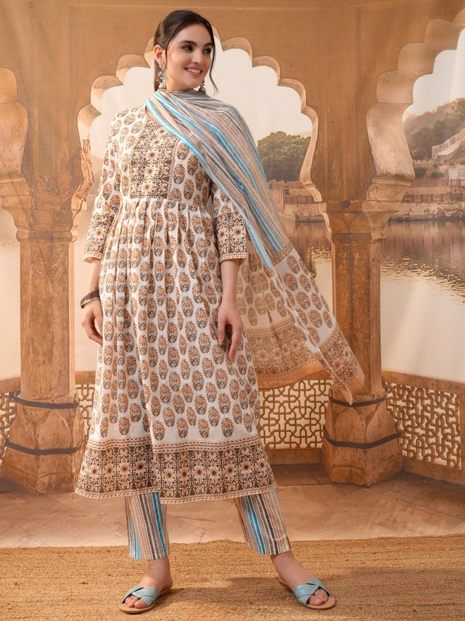 Vishudh Women Brown Printed Kurta With Trousers And Dupatta - Brown - Image 1