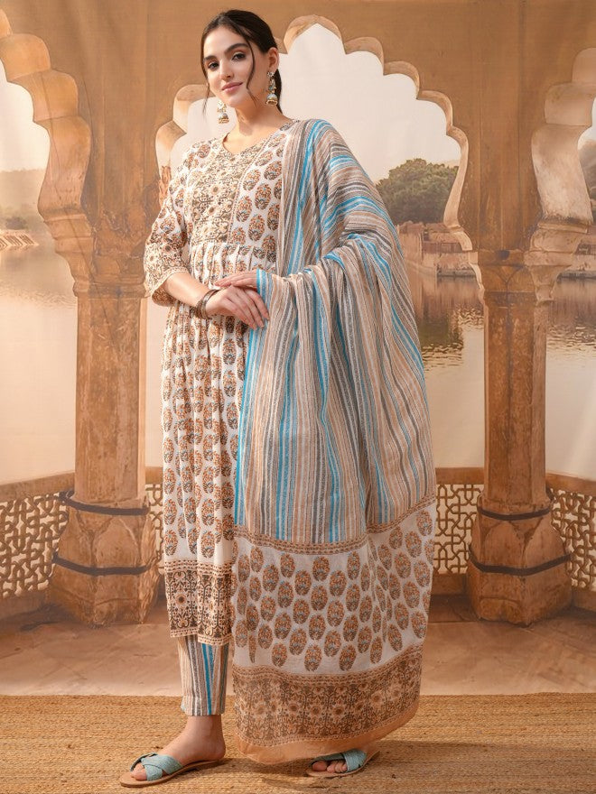Vishudh Women Brown Printed Kurta With Trousers And Dupatta - Brown - Image 2