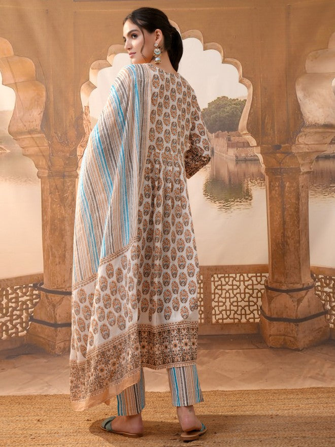 Vishudh Women Brown Printed Kurta With Trousers And Dupatta - Brown - Image 3
