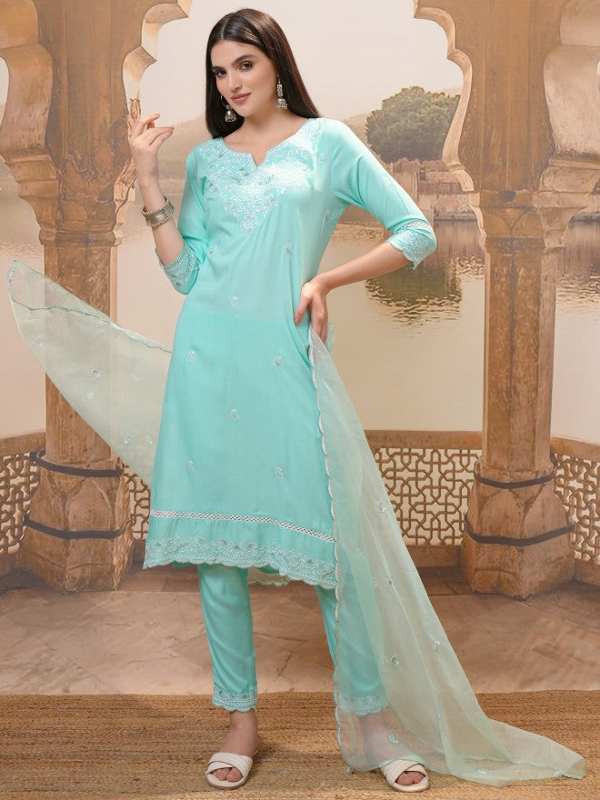 Vishudh Women Turquoise Embroidered Kurta With Trouser And Dupatta - Turquoise - Image 1
