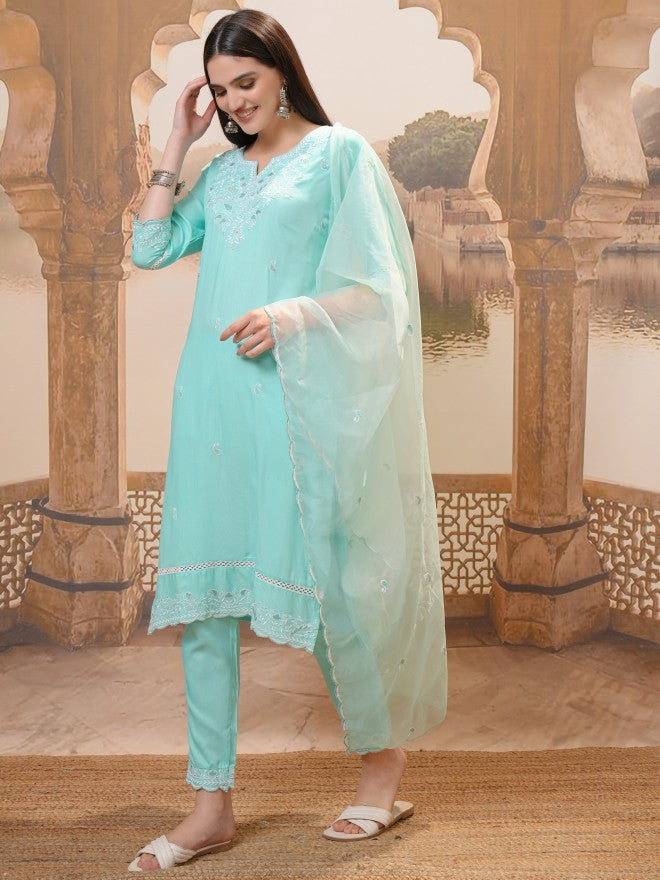 Vishudh Women Turquoise Embroidered Kurta With Trouser And Dupatta - Turquoise - Image 2