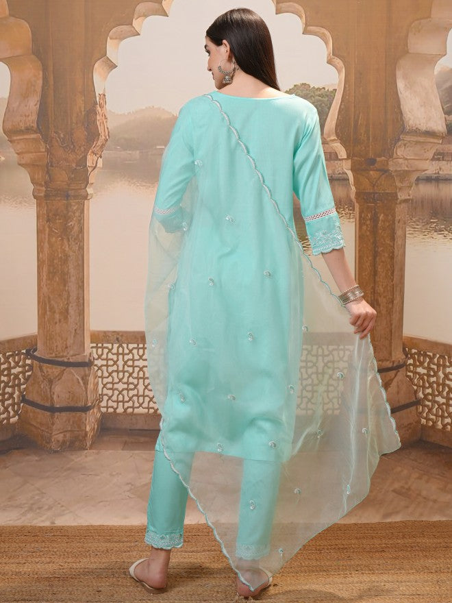Vishudh Women Turquoise Embroidered Kurta With Trouser And Dupatta - Turquoise - Image 3