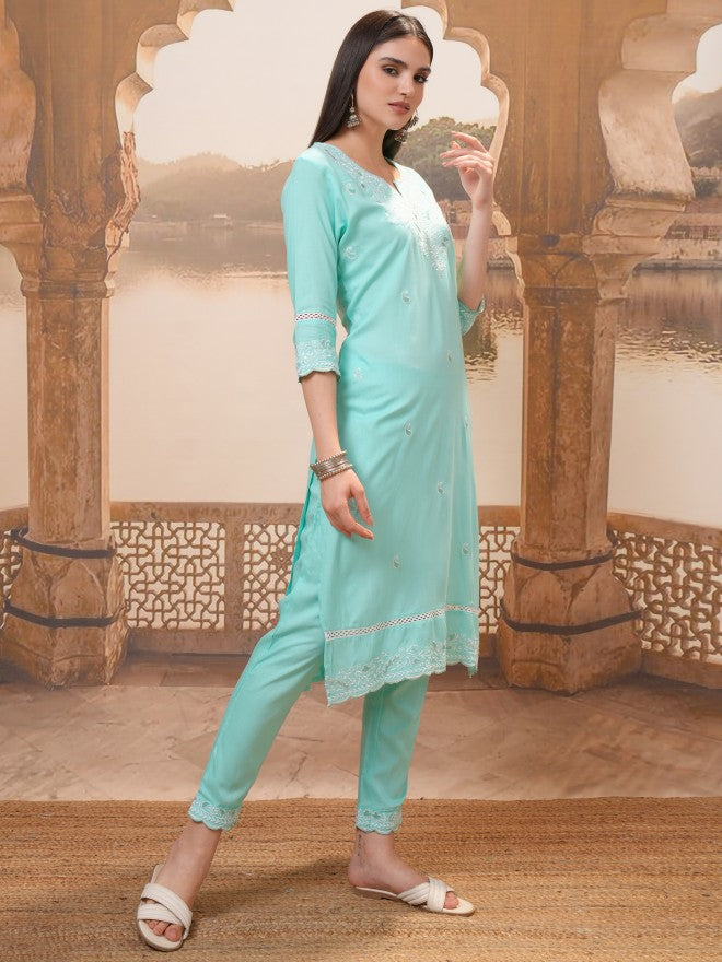 Vishudh Women Turquoise Embroidered Kurta With Trouser And Dupatta - Turquoise - Image 4