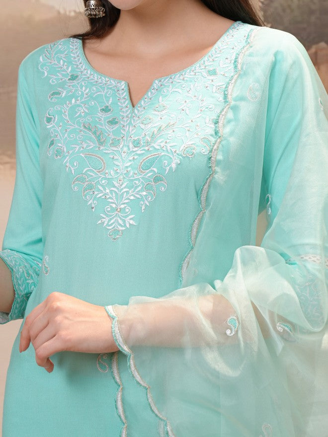 Vishudh Women Turquoise Embroidered Kurta With Trouser And Dupatta - Turquoise - Image 5