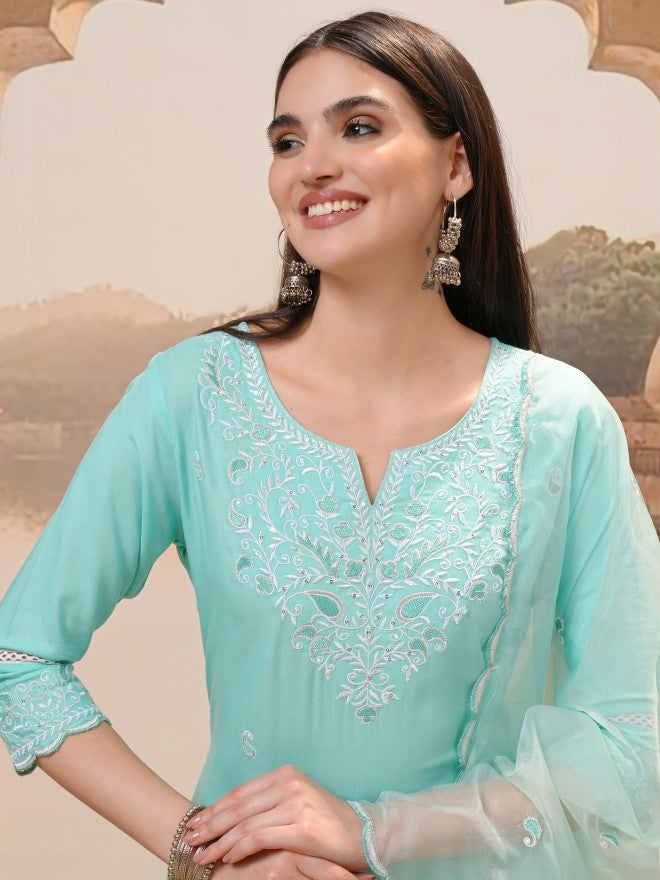 Vishudh Women Turquoise Embroidered Kurta With Trouser And Dupatta - Turquoise - Image 8