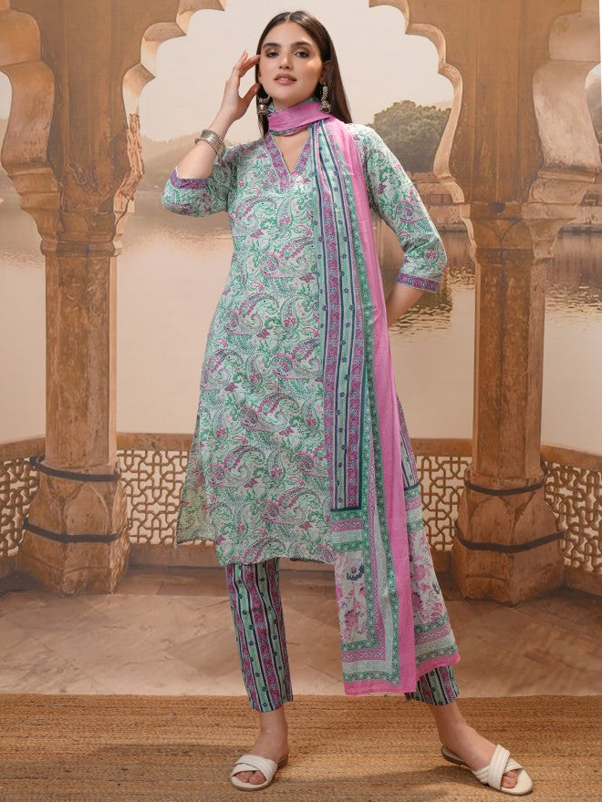 Vishudh Women Green Printed Kurta With Trousers & Dupatta - Green - Image 1