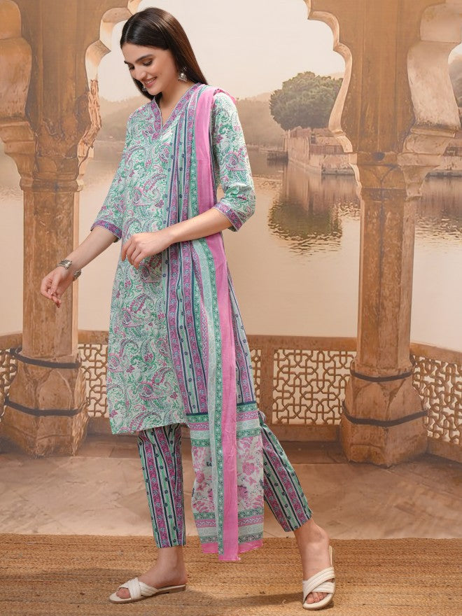 Vishudh Women Green Printed Kurta With Trousers & Dupatta - Green - Image 2