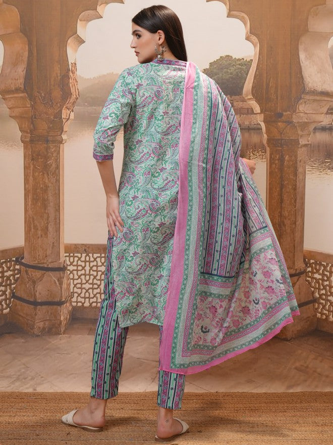 Vishudh Women Green Printed Kurta With Trousers & Dupatta - Green - Image 3
