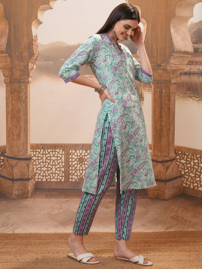 Vishudh Women Green Printed Kurta With Trousers & Dupatta - Green - Image 4