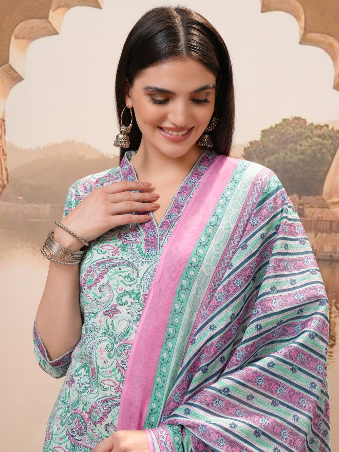 Vishudh Women Green Printed Kurta With Trousers & Dupatta - Green - Image 8