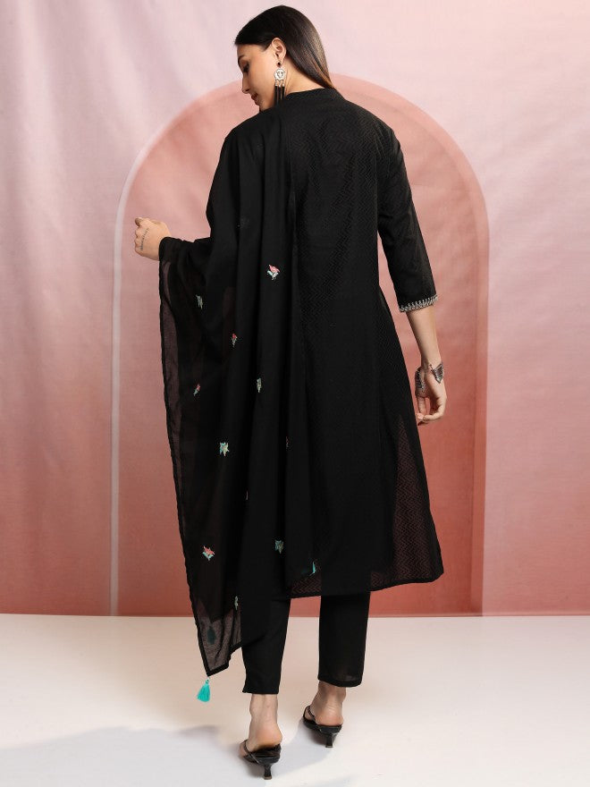 Vishudh Women Black Embroidered Kurta With Trouser And Dupatta - Black - Image 3