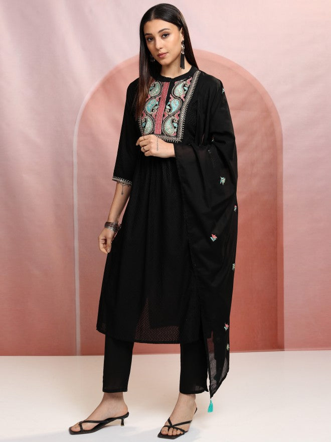 Vishudh Women Black Embroidered Kurta With Trouser And Dupatta - Black - Image 4