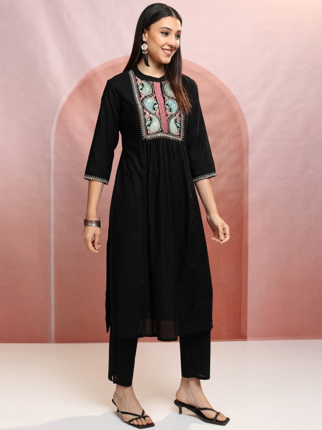 Vishudh Women Black Embroidered Kurta With Trouser And Dupatta - Black - Image 6