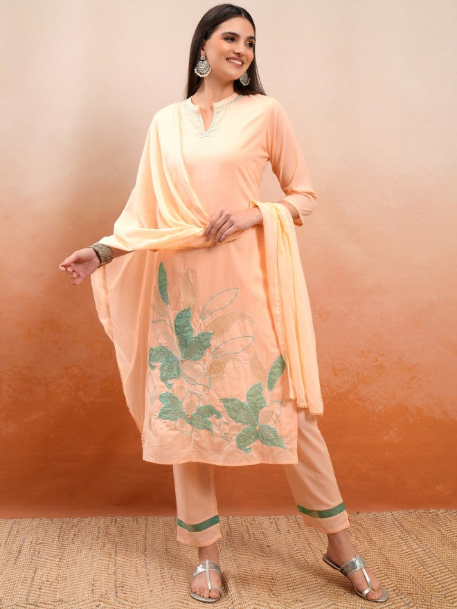 Vishudh Women Peach Embroidered Kurta With Trouser And Dupatta - Peach - Image 2