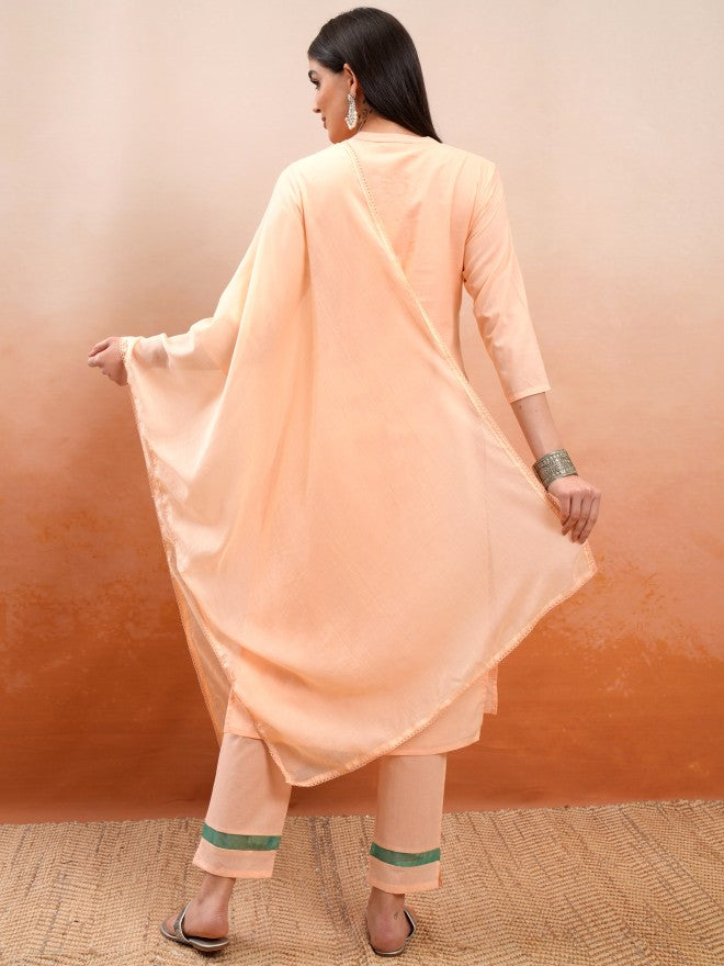 Vishudh Women Peach Embroidered Kurta With Trouser And Dupatta - Peach - Image 3