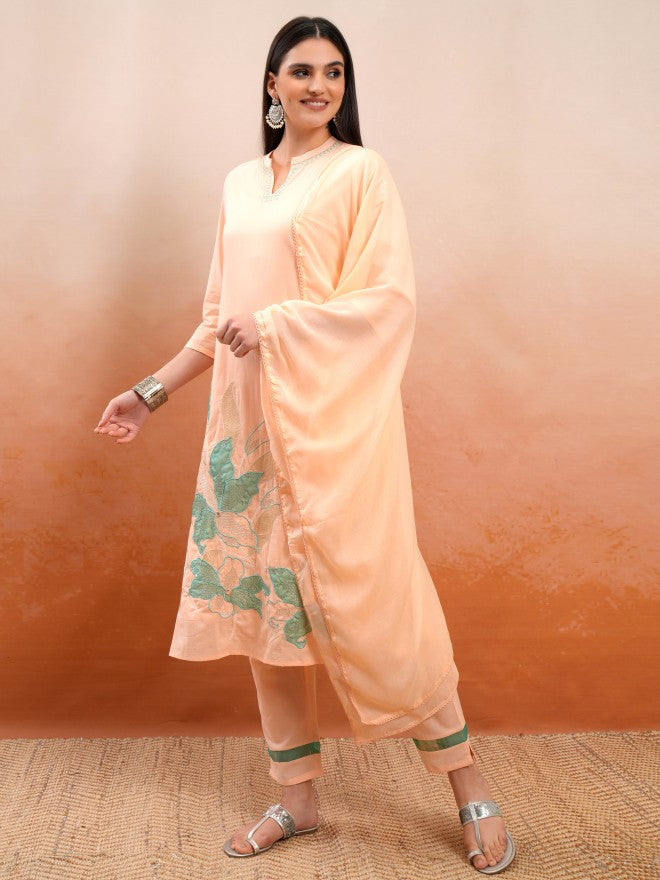Vishudh Women Peach Embroidered Kurta With Trouser And Dupatta - Peach - Image 4