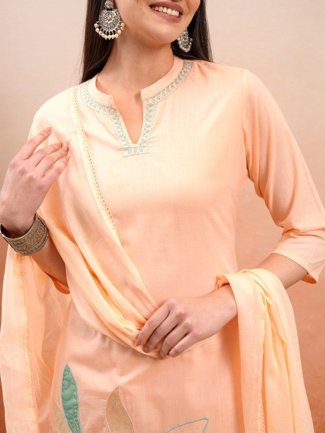 Vishudh Women Peach Embroidered Kurta With Trouser And Dupatta - Peach - Image 5