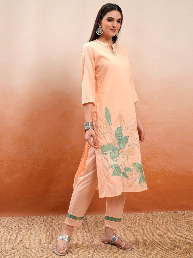 Vishudh Women Peach Embroidered Kurta With Trouser And Dupatta - Peach - Image 6