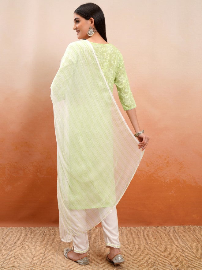 Vishudh Women Green Embroidered Kurta With Trouser And Dupatta - Green - Image 3