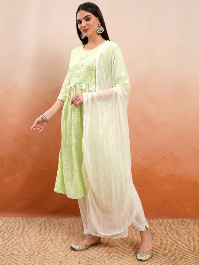 Vishudh Women Green Embroidered Kurta With Trouser And Dupatta - Green - Image 4