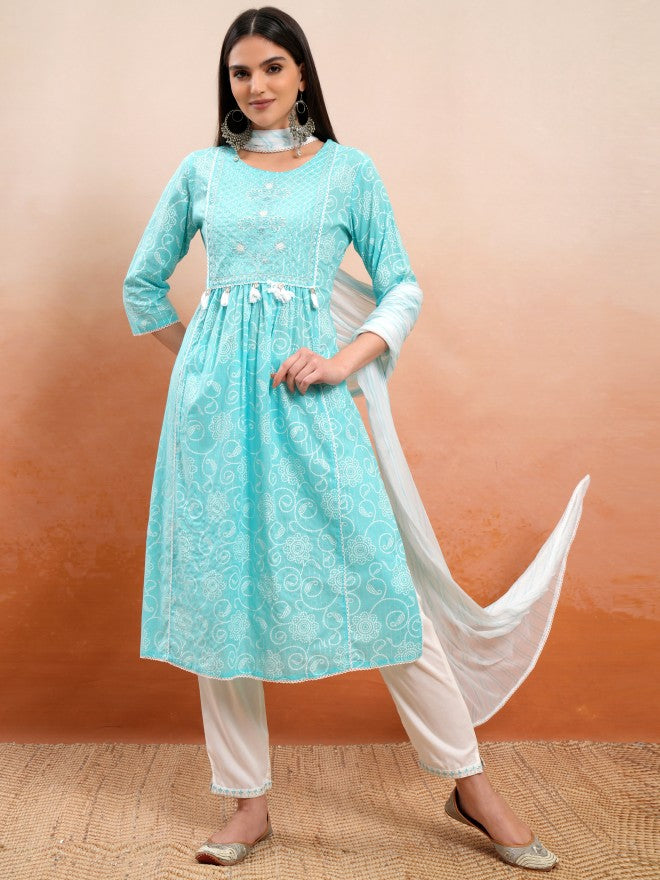 Vishudh Women Blue Embroidered Kurta With Trouser And Dupatta - Blue - Image 2