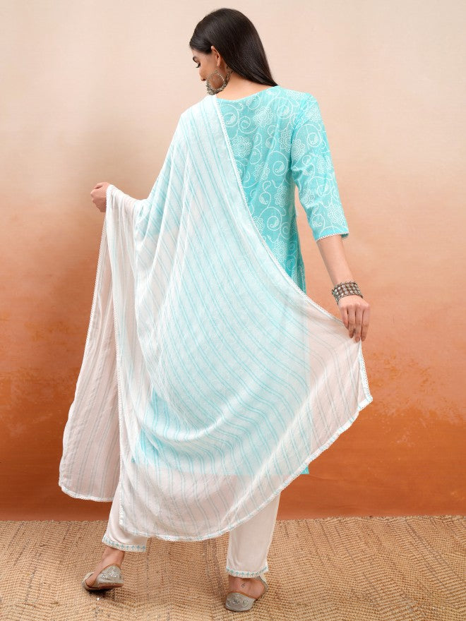 Vishudh Women Blue Embroidered Kurta With Trouser And Dupatta - Blue - Image 3