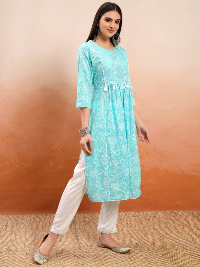 Vishudh Women Blue Embroidered Kurta With Trouser And Dupatta - Blue - Image 4