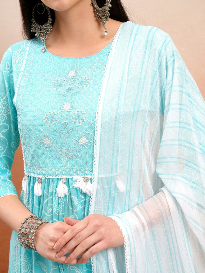 Vishudh Women Blue Embroidered Kurta With Trouser And Dupatta - Blue - Image 5