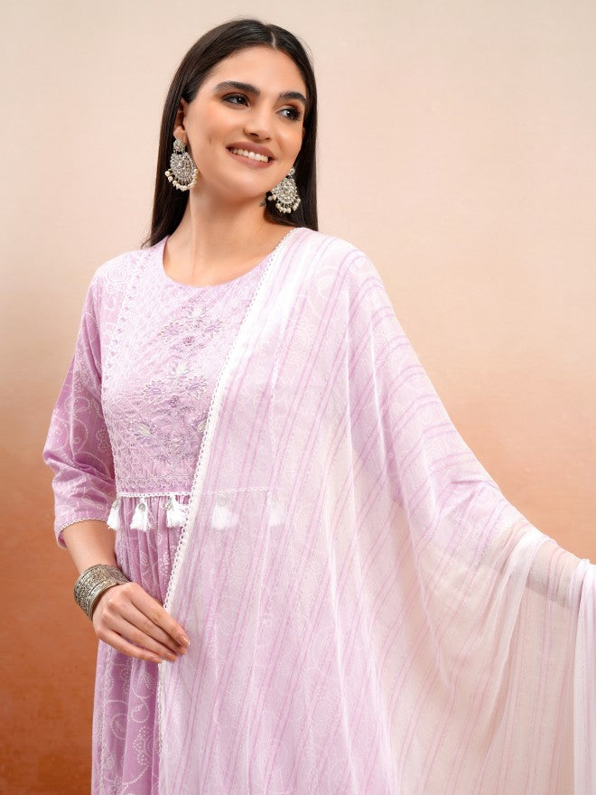 Vishudh Women Lavender Embroidered Kurta With Trouser And Dupatta - Lavender - Image 1