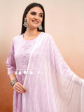 Vishudh Women Lavender Embroidered Kurta With Trouser And Dupatta - Lavender - Image 1